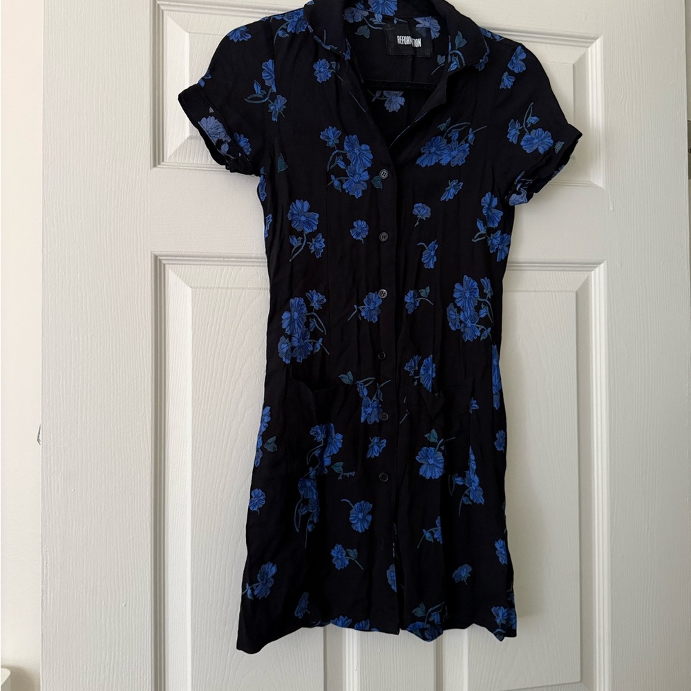 Reformation Black & Blue Floral Mini Dress